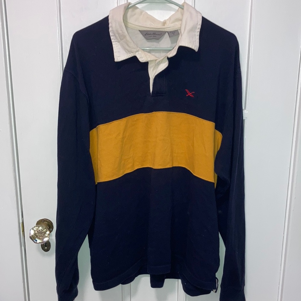 eddie bauer collared shirt blue with orange stripe